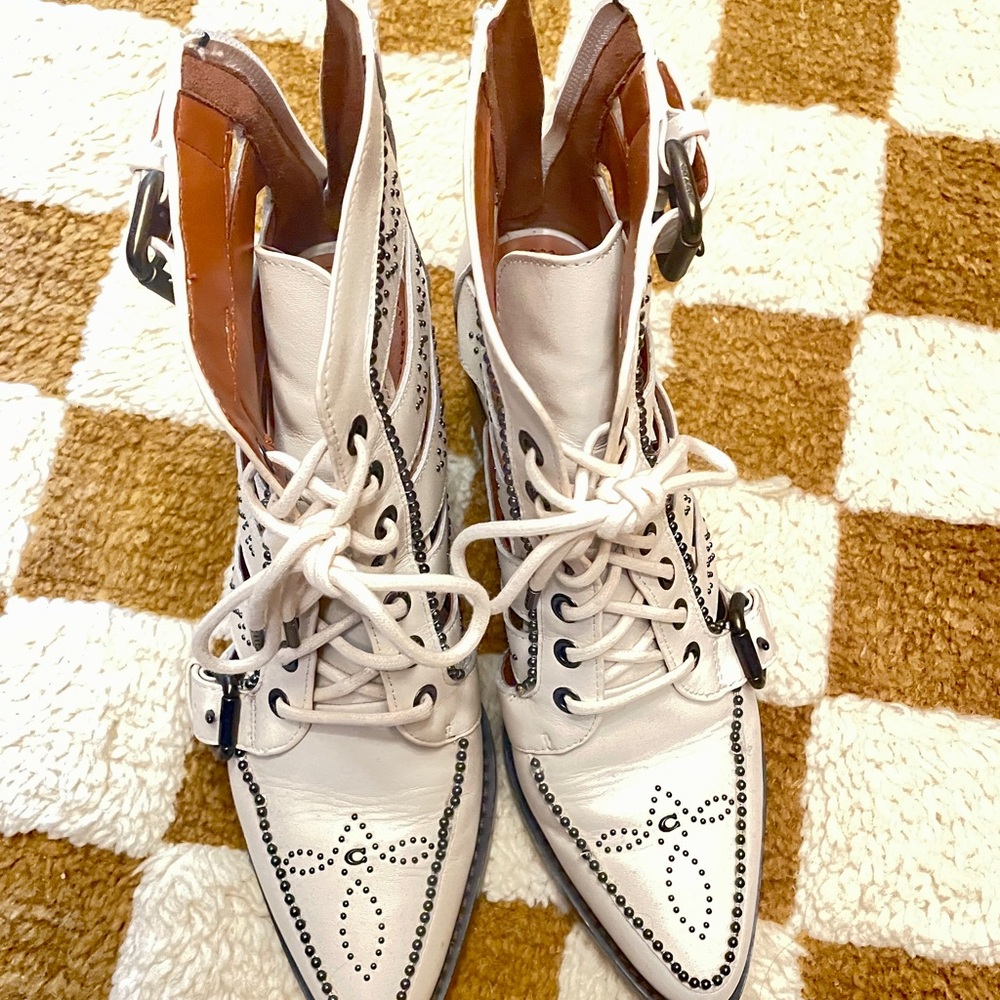 Coach Cream Perforated Lace-Up Ankle Booties with Stud Detail - Picture 2 of 6